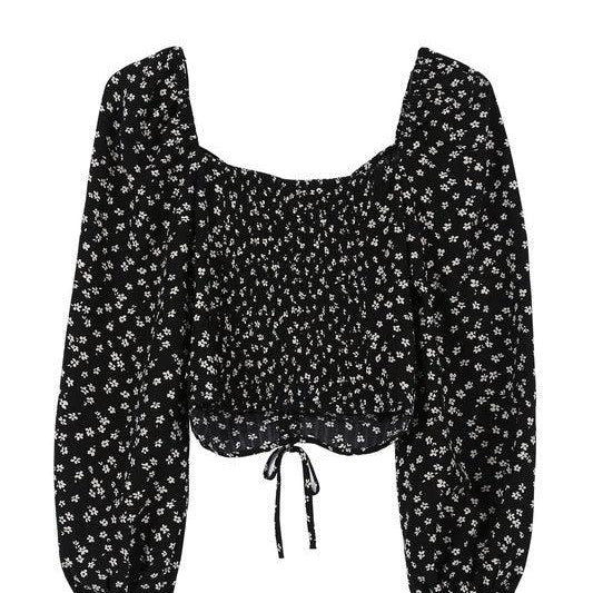 Women's Shirts Ruched floral print crop top with puff sleeves