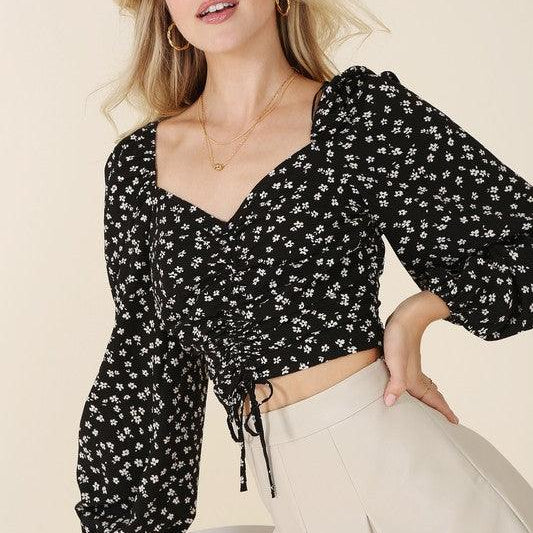 Women's Shirts Ruched floral print crop top with puff sleeves