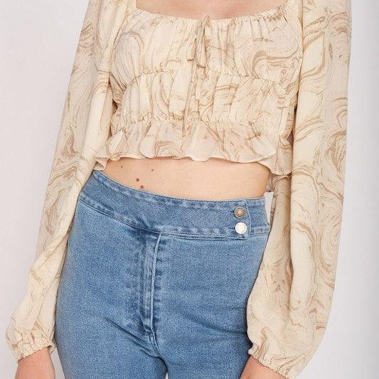 Women's Shirts Ruched Long Sleeve Top in Ivory Crop Top
