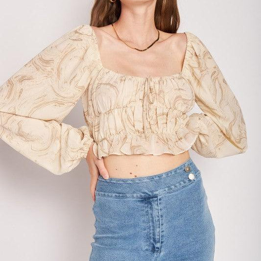 Women's Shirts Ruched Long Sleeve Top in Ivory Crop Top