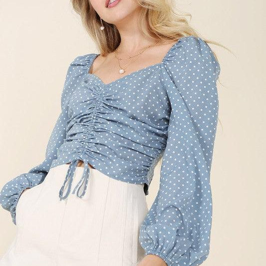 Women's Shirts Ruched Polka Dot Crop Top With Puff Sleeves