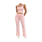 Pink ruched summer outfit for women featuring a sleeveless top and flared pants