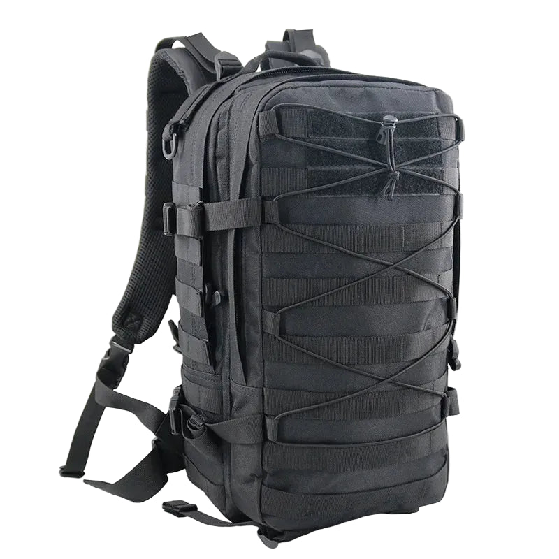 Black rucksack hiking backpack with durable material for outdoor adventures