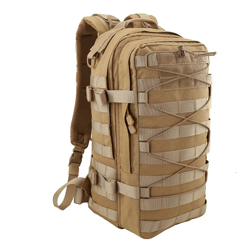 Tan rucksack hiking backpack with versatile storage straps for outdoor adventures