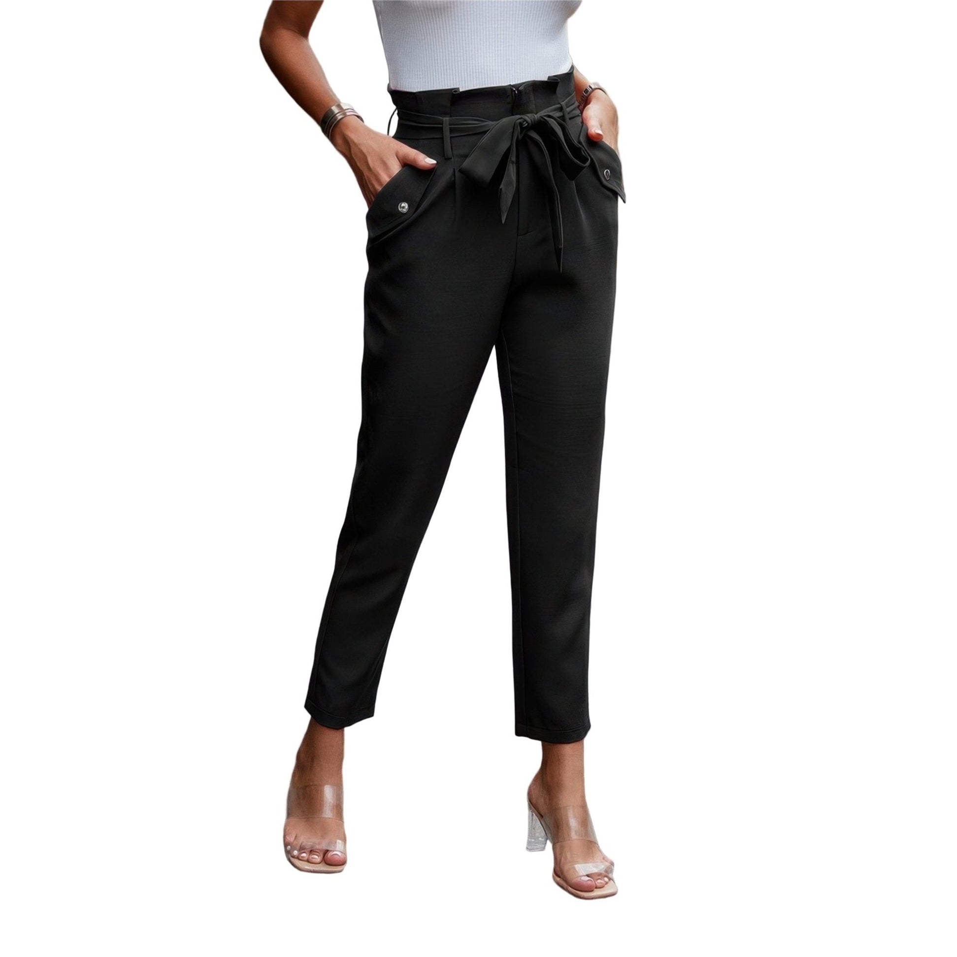 Stylish black ruffle belt skinny pants from VacationGrabs featuring a tied belt and tapered legs