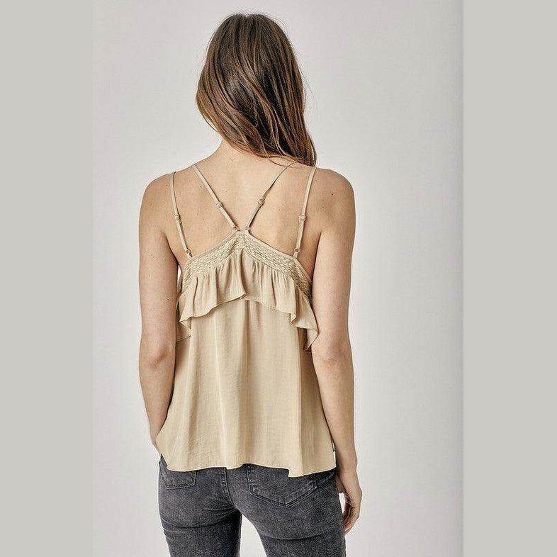 Back view of Mustard Seed ruffle cami top in beige with delicate straps and a flowing design