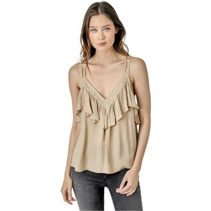 Mustard Seed Ruffle Cami Top in Beige with Adjustable Straps and Flowing Design for Women