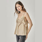 Mustard Seed Women's Ruffle Cami Top in Beige with Flouncy Ruffles for a Stylish Summer Look