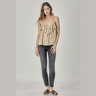 Mustard Seed Women's Ruffle Cami Top in Beige, Pairing Stylishly with Black Jeans