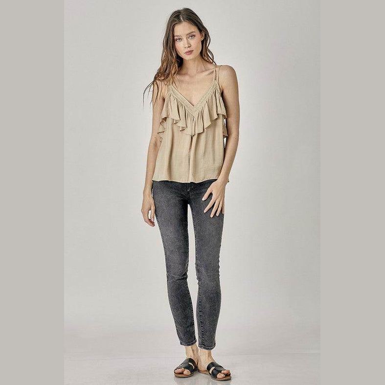 Mustard Seed Women's Ruffle Cami Top in Beige, Pairing Stylishly with Black Jeans