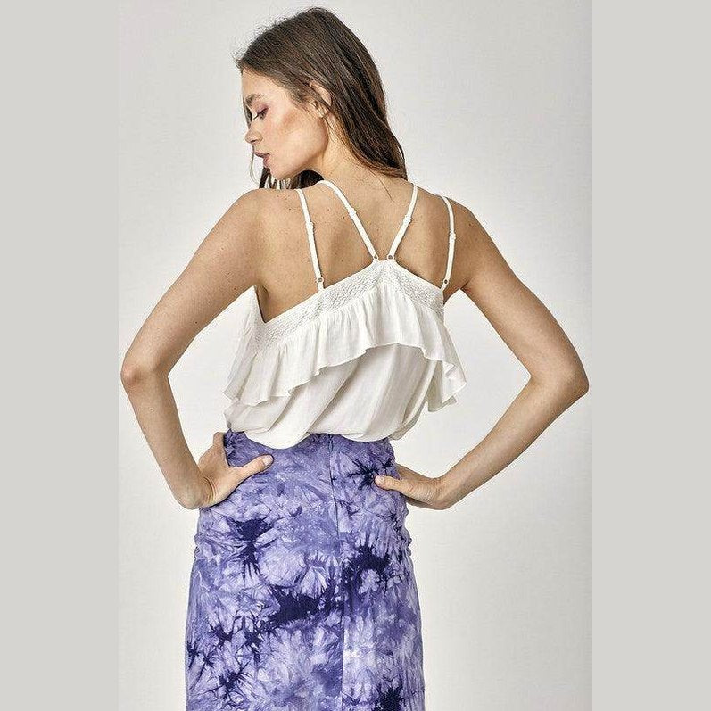 Mustard Seed Ruffle Cami Top for Women in White with Stylish Back and Adjustable Straps