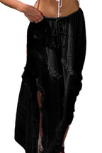 Black ruffle drawstring waist skirt with side slits for a stylish summer look