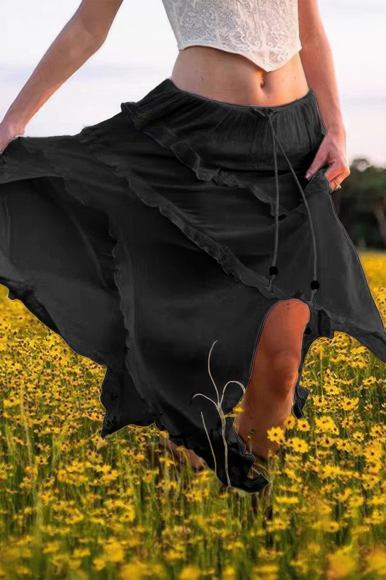 Stylish black ruffle drawstring waist skirt perfect for summer outings and casual wear