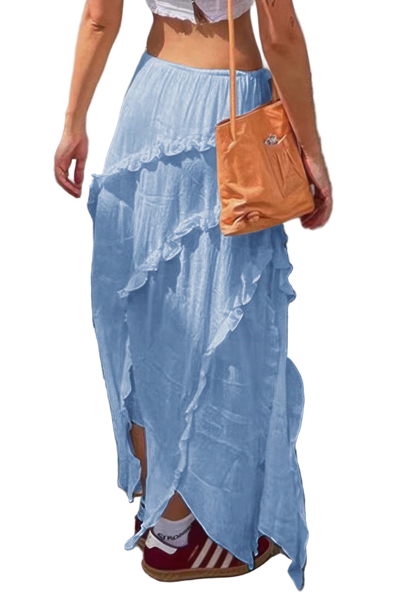 Light blue ruffle drawstring waist skirt with layered design perfect for summer outings