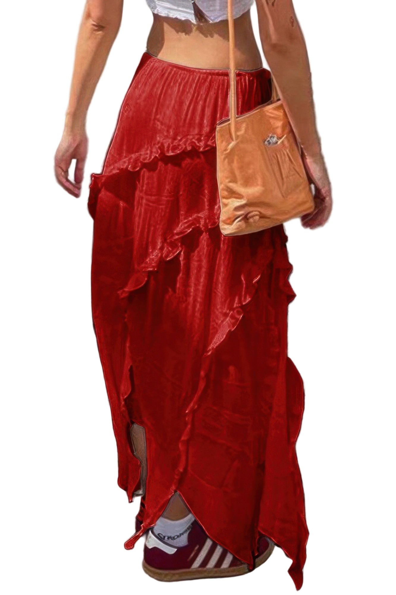 Women’s Ruffle Drawstring Waist Skirt in Red with layered design and side slits for a stylish look