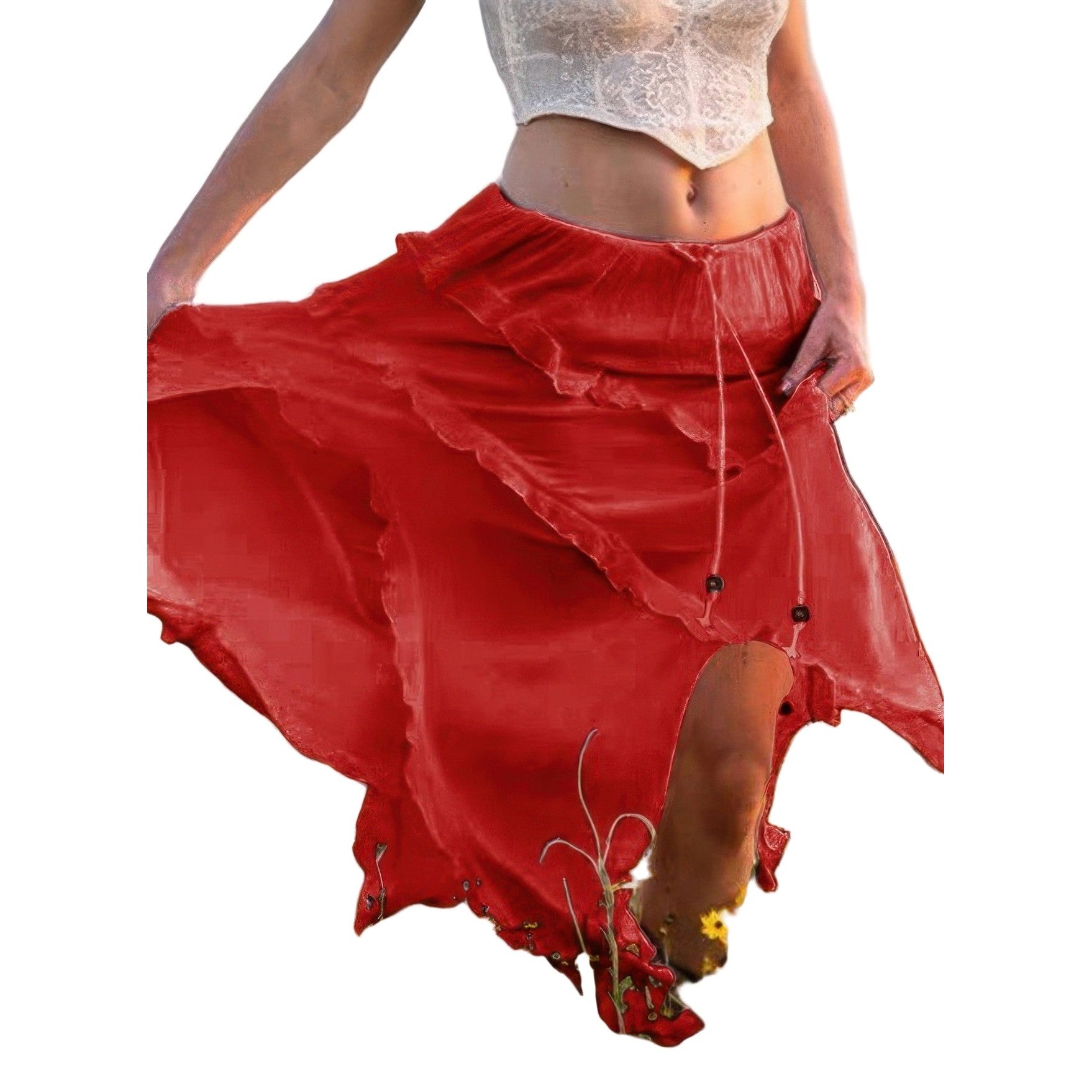 Red ruffle drawstring waist skirt for women, perfect for casual summer outings and beach vacations