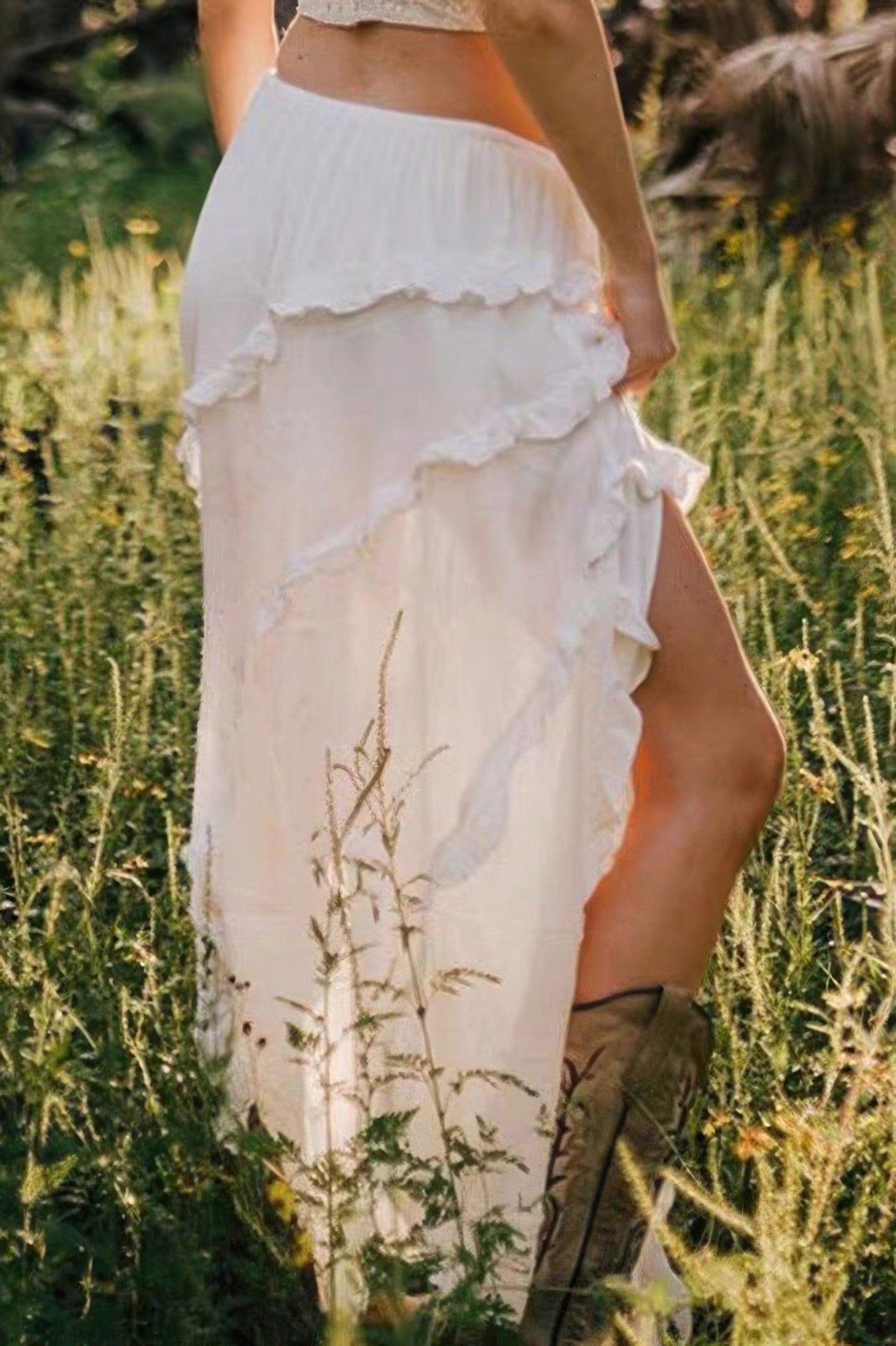 VacationGrabs ruffle drawstring waist skirt in flowing white fabric with ruffle detailing