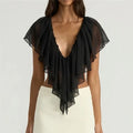 Women's black ruffle frill blouse, lightweight fabric for stylish outings