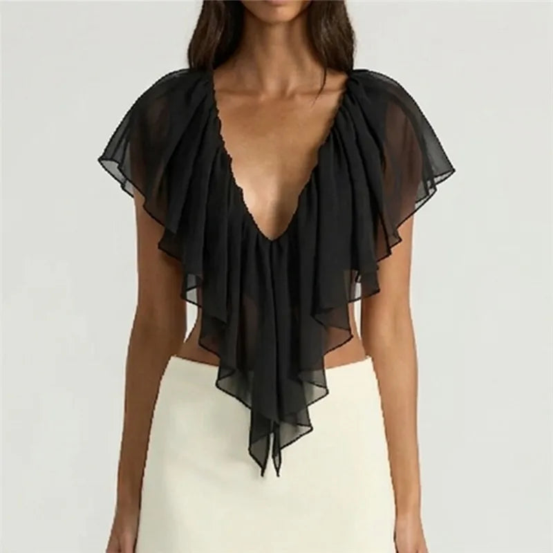 Black ruffle frill blouse, lightweight fabric, perfect for summer outings