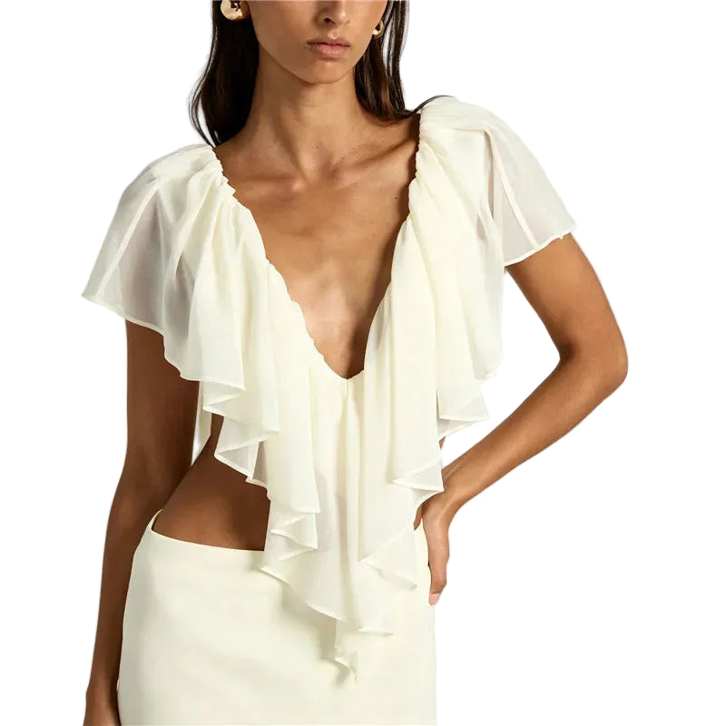 Women's ruffle frill blouse in white, perfect for summer events