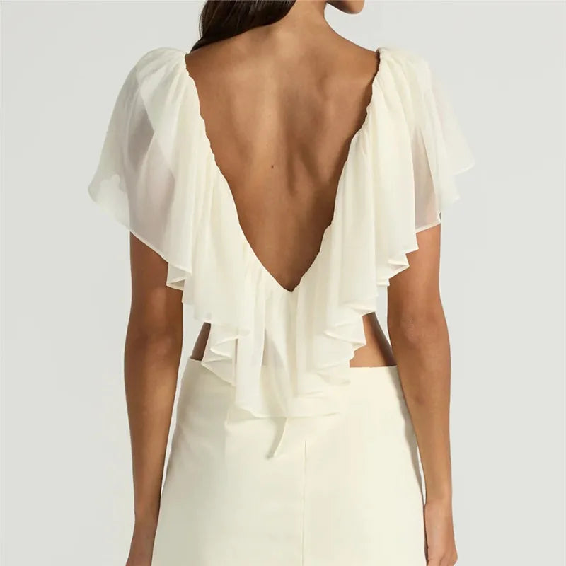 Women's white ruffle frill blouse, lightweight for summer occasions