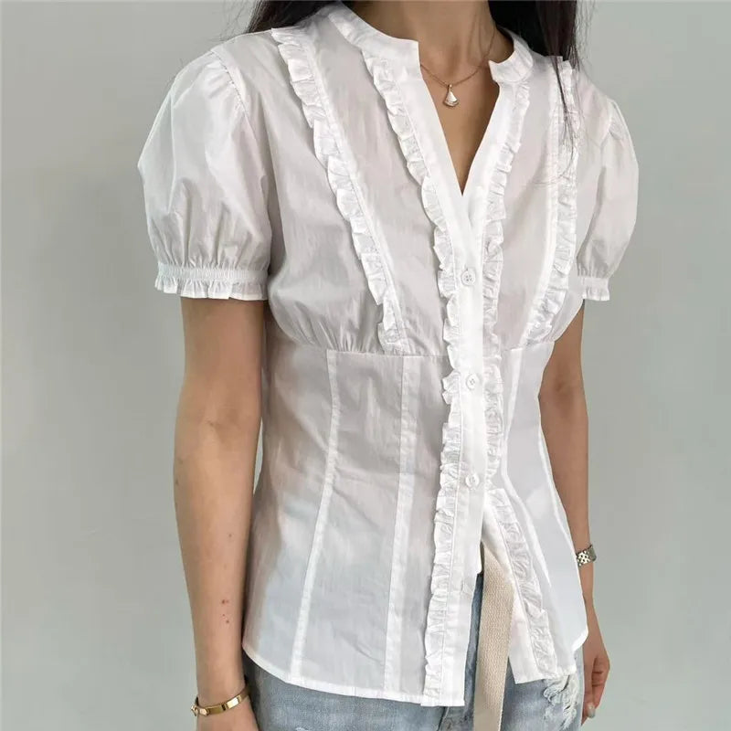 Women's white ruffle frill blouse for casual occasions