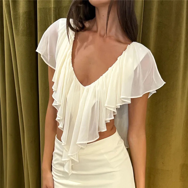 Women's white ruffle frill blouse, lightweight fabric, summer style