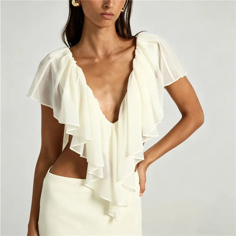 Women's ivory ruffle frill blouse, perfect for elegant occasions