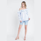 Ivory Felix Women's Ruffle Top for Vacation Style in Blue Stripes with Off-Shoulder Design