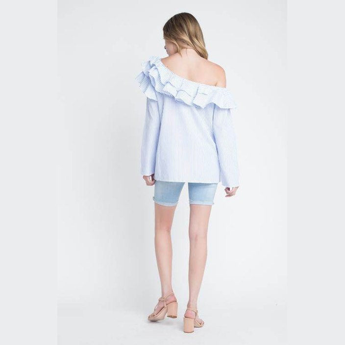 Ivory Felix Women's Off-Shoulder Ruffle Top for Vacation Style with Striped Design