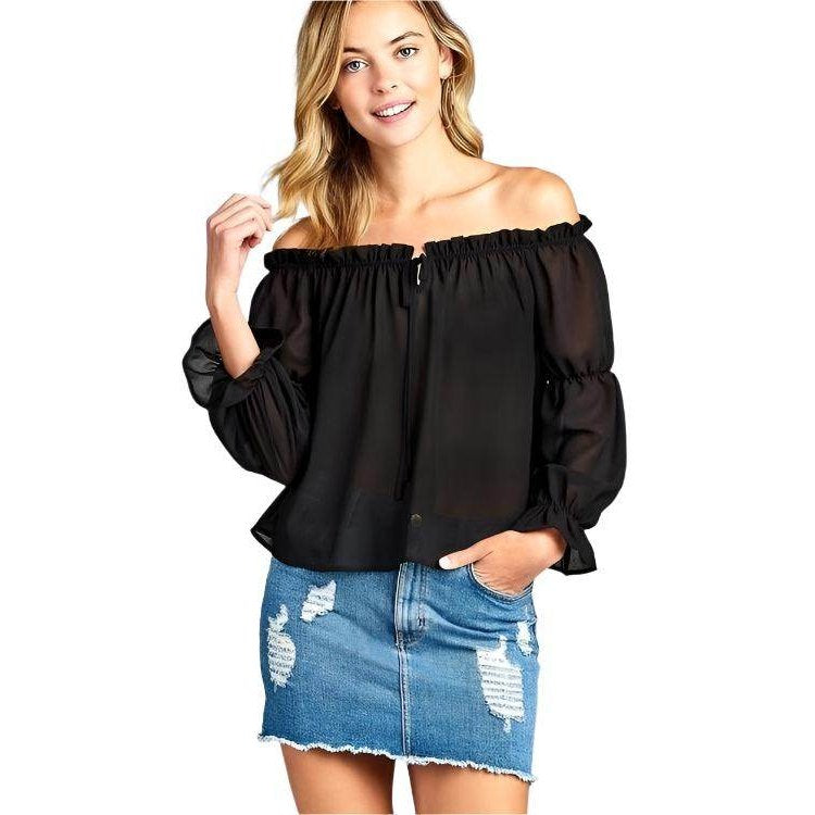 Ivory Felix ruffled front tie long sleeve blouse in black with off-shoulder design and puff sleeves