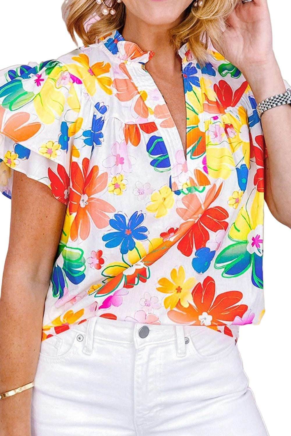 Ruffled Printed Notched Cap Sleeve Blouse - VacationGrabs