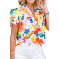 Ruffled Printed Notched Cap Sleeve Blouse - VacationGrabs