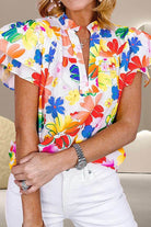 Ruffled Printed Notched Cap Sleeve Blouse - VacationGrabs