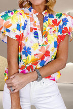 Ruffled Printed Notched Cap Sleeve Blouse - VacationGrabs