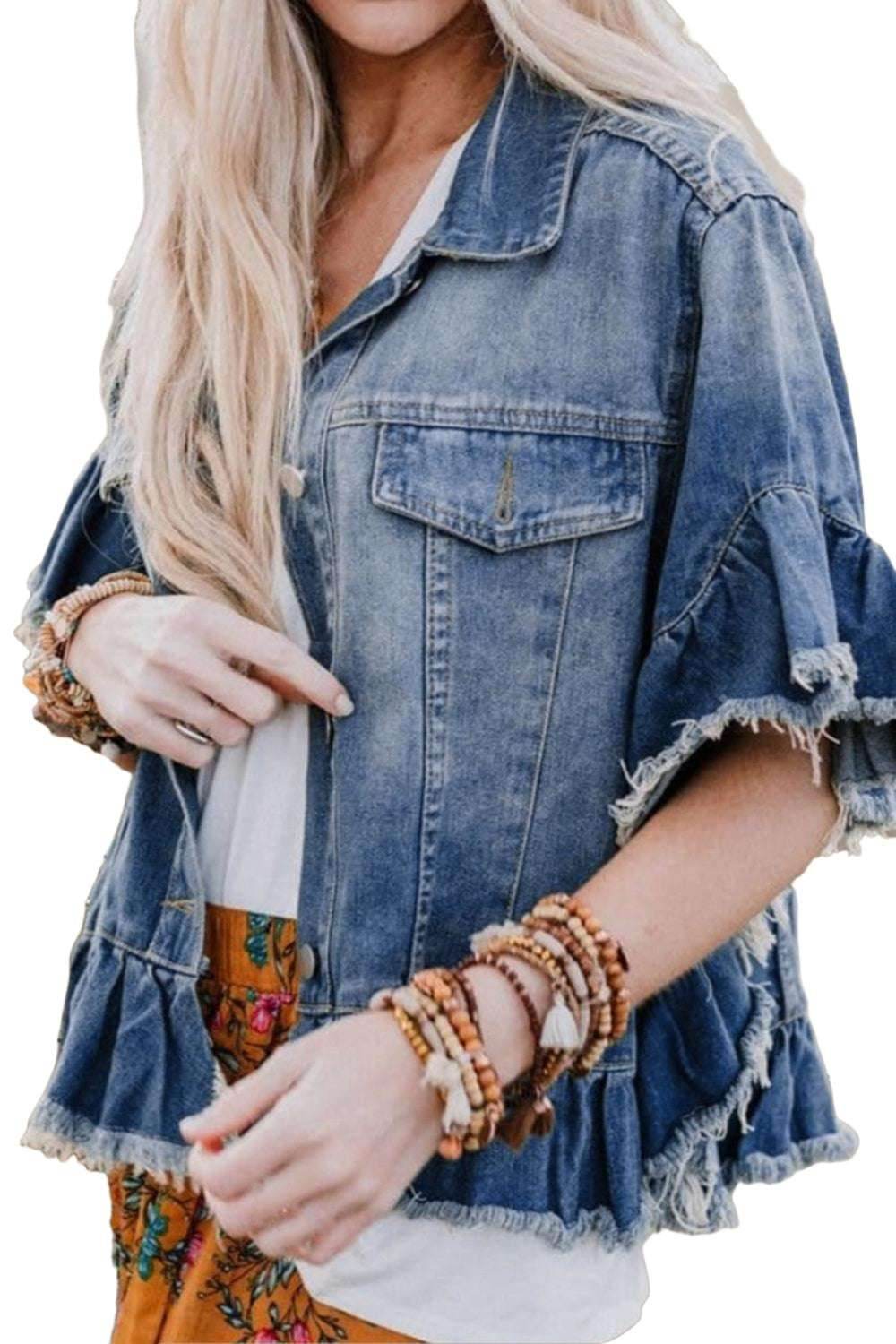 Ruffled Raw Hem Half Sleeve Denim Top - VacationGrabs