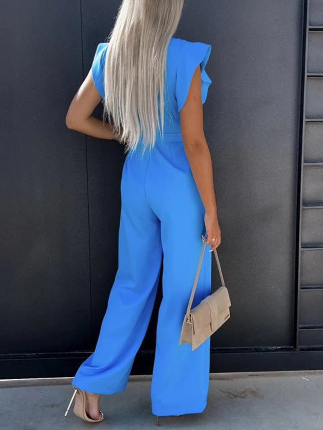 Women's Jumpsuits & Rompers Ruffled Round Neck Cap Sleeve Jumpsuit
