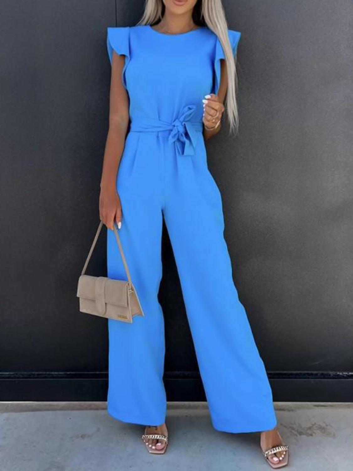 Women's Jumpsuits & Rompers Ruffled Round Neck Cap Sleeve Jumpsuit