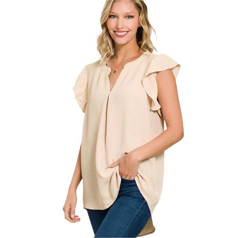 ZENANA Women's Ruffled Sleeve High-Low Top in Beige with Relaxed Fit and Stylish Design