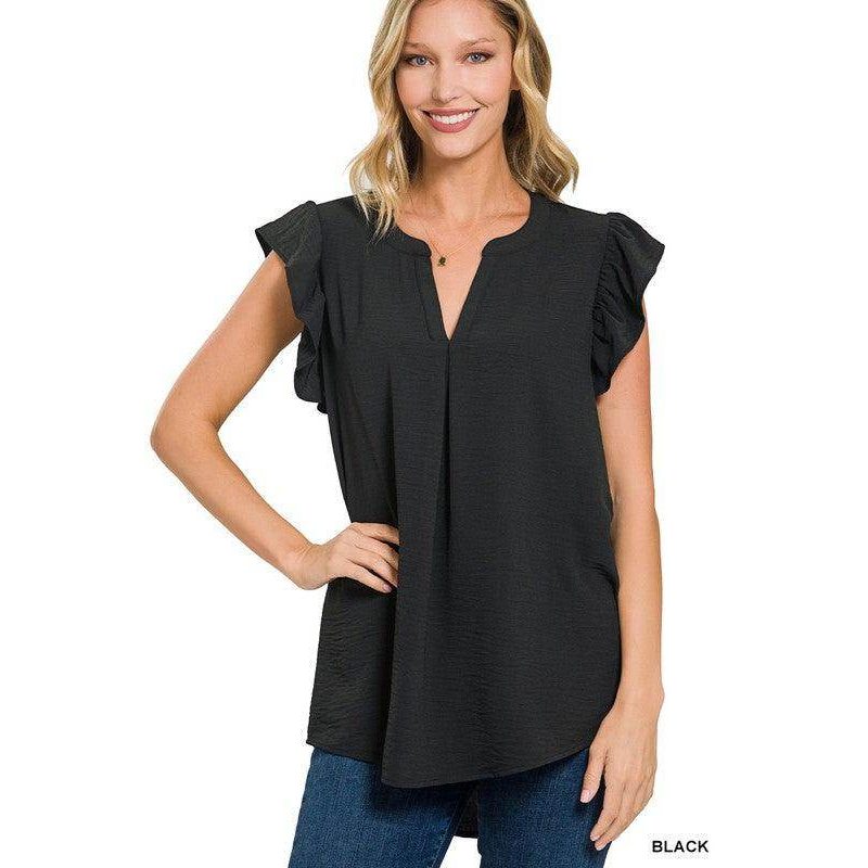 ZENANA women's ruffled sleeve high-low top in black with stylish flutter sleeves