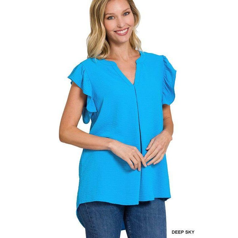 ZENANA ruffled sleeve high-low top in Deep Sky blue, featuring a stylish V-neck and flutter sleeves