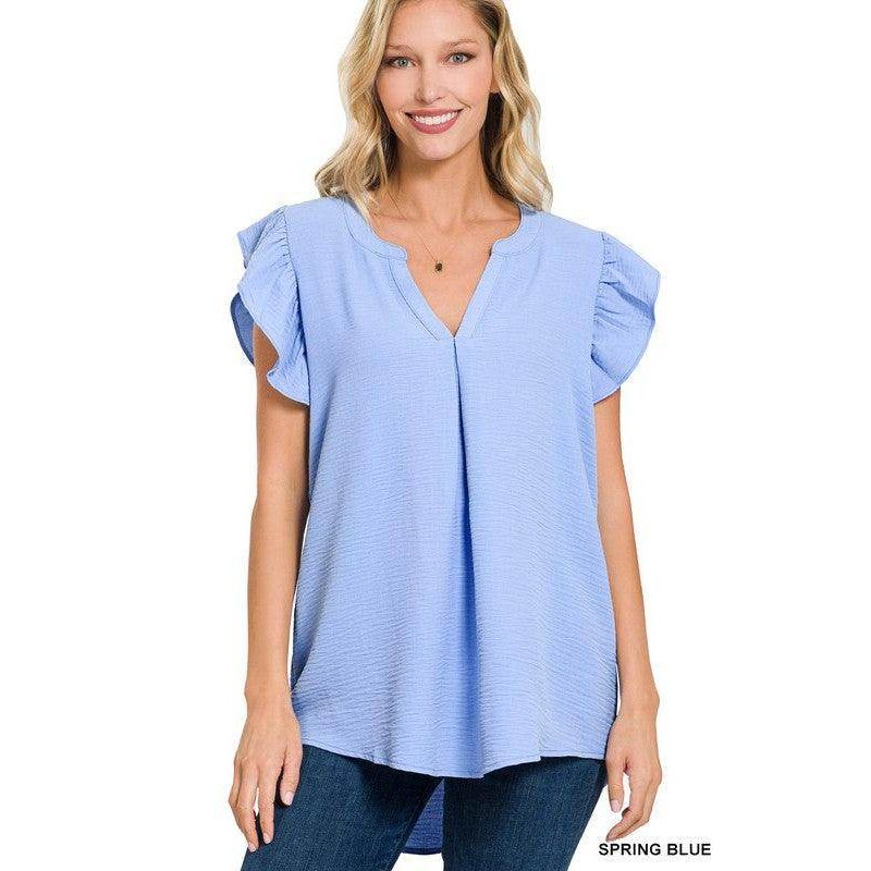 ZENANA ruffled sleeve high-low top in spring blue, perfect for casual or layered outfits