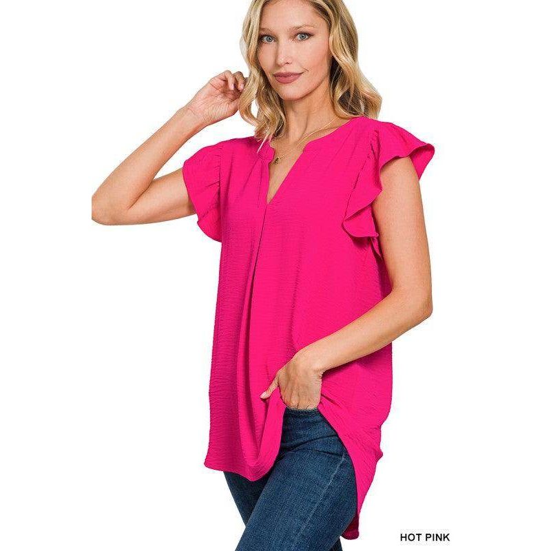 ZENANA hot pink ruffled sleeve high-low top with a flattering fit and casual style
