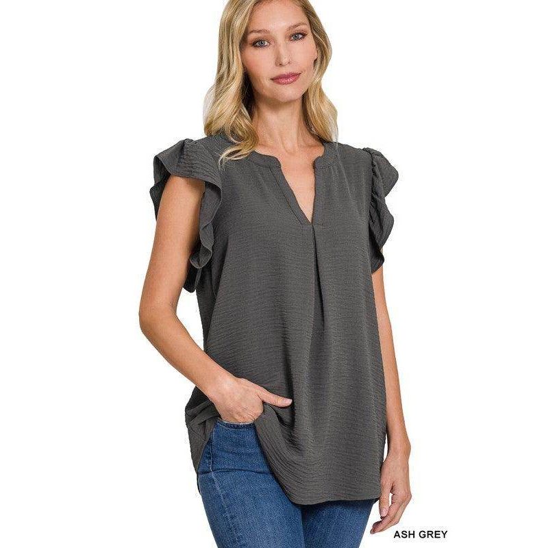 ZENANA Ruffled sleeve high-low top in ash grey with a relaxed fit and pocket detail