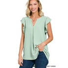 ZENANA ruffled sleeve high-low top in dusty green with a relaxed fit for casual wear