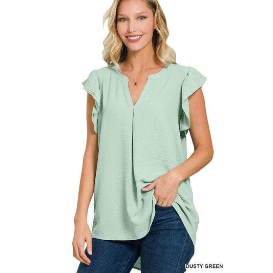 ZENANA ruffled sleeve high-low top in dusty green with a relaxed fit for casual wear