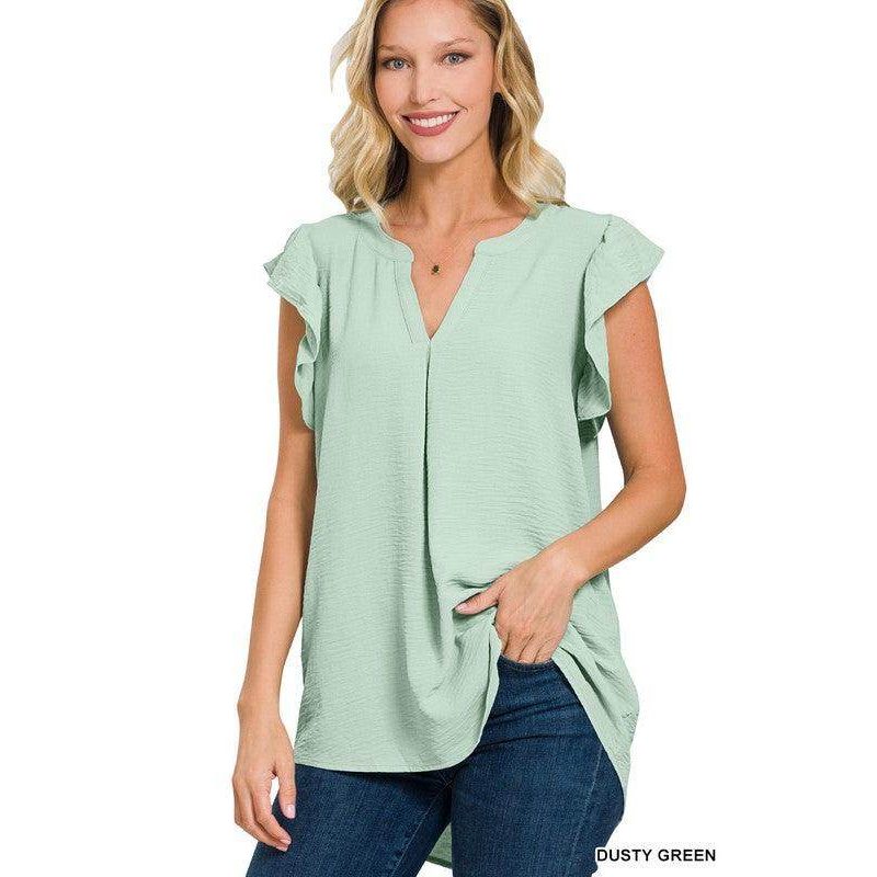 ZENANA ruffled sleeve high-low top in dusty green with a relaxed fit for casual wear