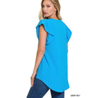 Women's ZENANA ruffled sleeve high-low top in deep sky blue with stylish flutter sleeves
