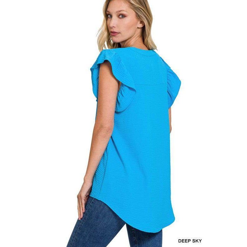 Women's ZENANA ruffled sleeve high-low top in deep sky blue with stylish flutter sleeves