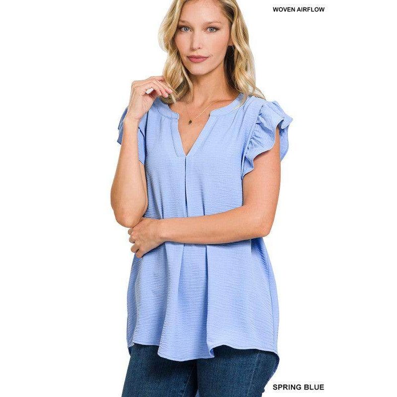ZENANA Spring Blue Ruffled Sleeve High-Low Top for Women with a Relaxed Fit